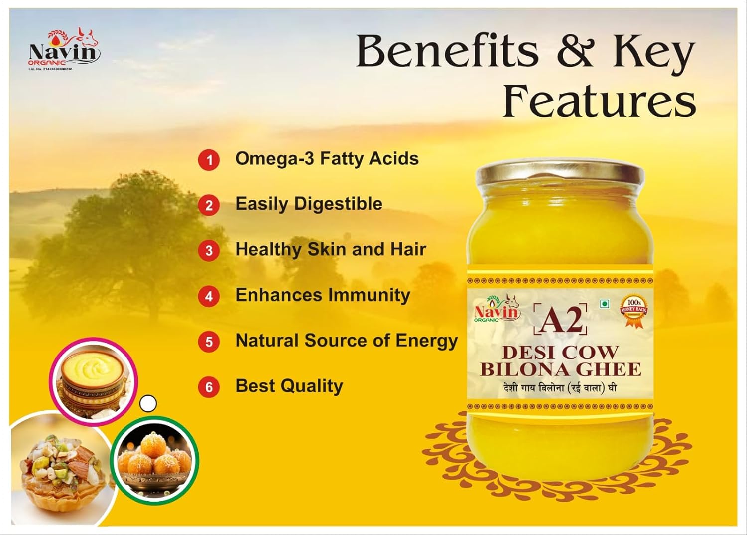 100% Natural A2 Desi Cow Bilona Ghee By Navin Organic | Rich In Nutrients & Delicious Healthy Desi Cow Ghee Good For Weight Loss | (250ml) 8.4 Ounce | Jar Pack