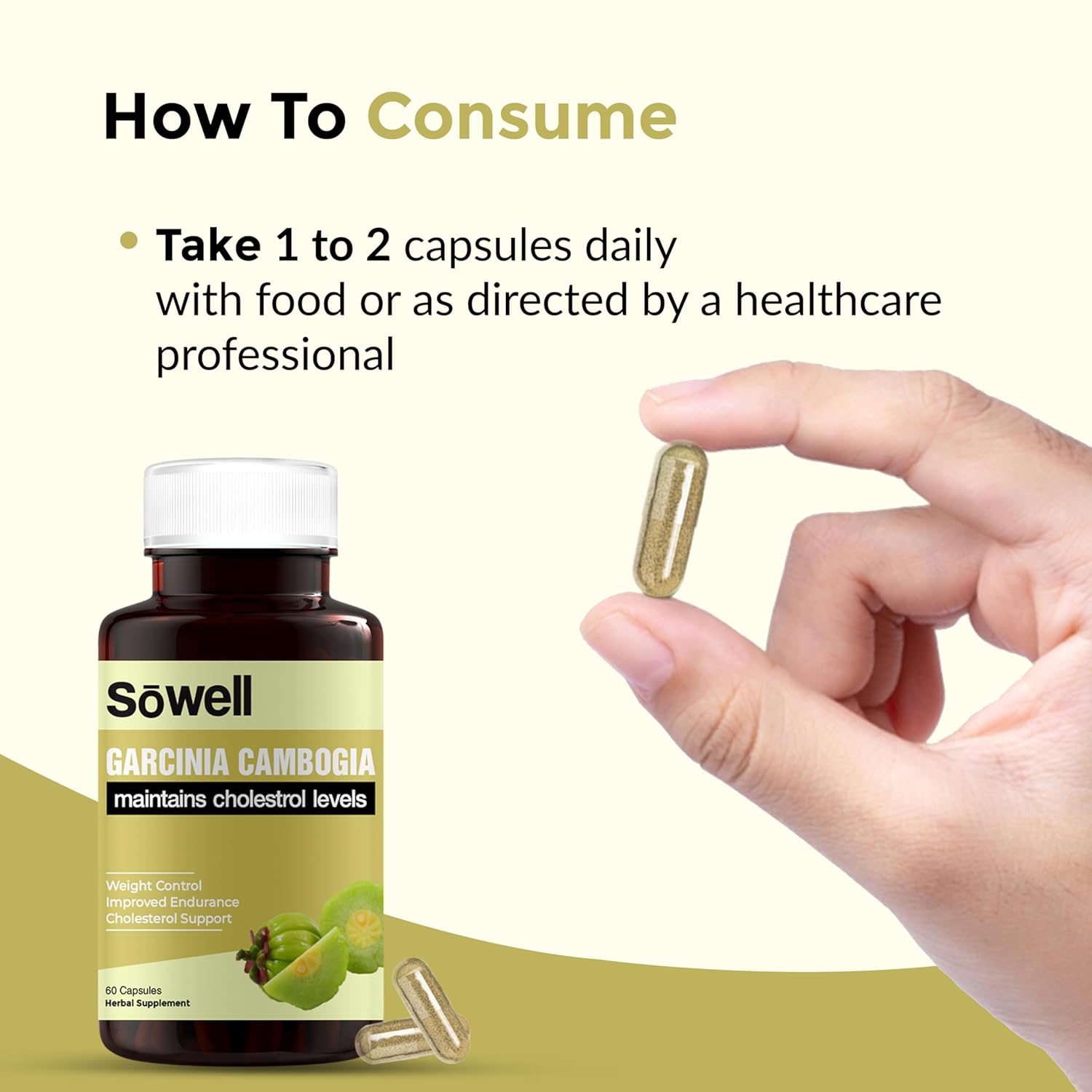 Sowell Garcinia Cambogia Supplement For Maintaining Cholesterol Levels, Natural Weight Management & Appetite Suppressant | 60 Capsules 100gm 0.2lbs