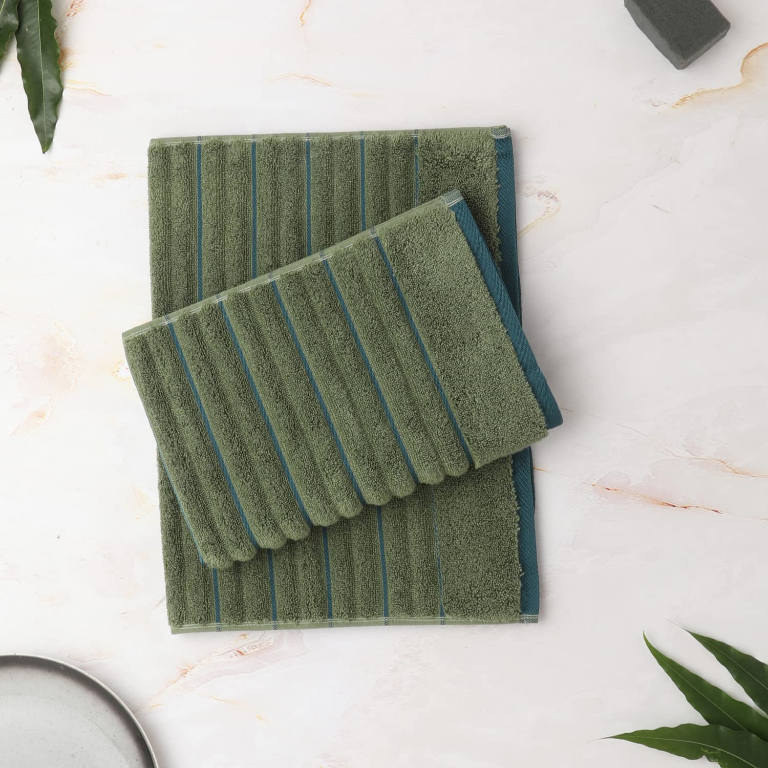 Spaces 100% Cotton Hand Towel 400 Gsm | High Loft Ribbed Texture High Absorbency Hand Towel - Dark Green