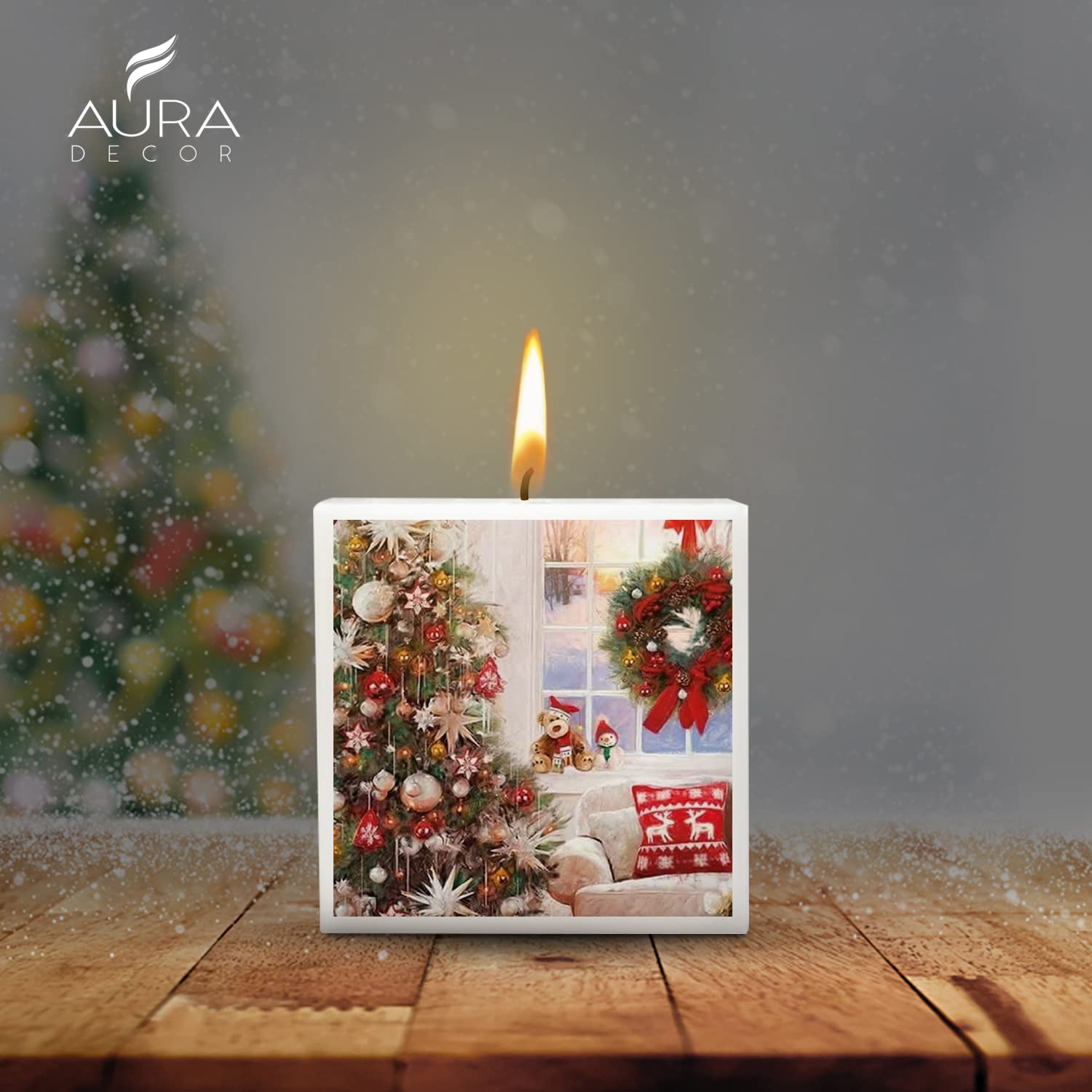 SQUARE CHRISTMAS PILLAR CANDLE 3 INCH | PRINTED CANDLE | 40 HOURS BURNING CANDLE