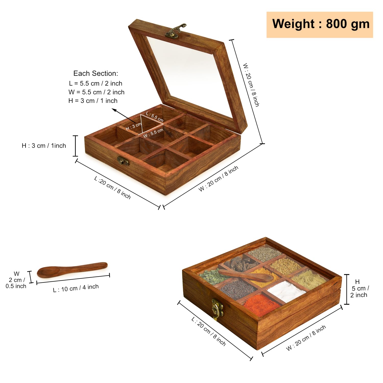 Sheesham Wood Spice Box With Spoon For Kitchen With 9 Partitions, Compartments - 8 X 8 X 2 Inches, Brown | Wooden Masala Box, Dabba, Container With Glass Lid - Fixed Partitions