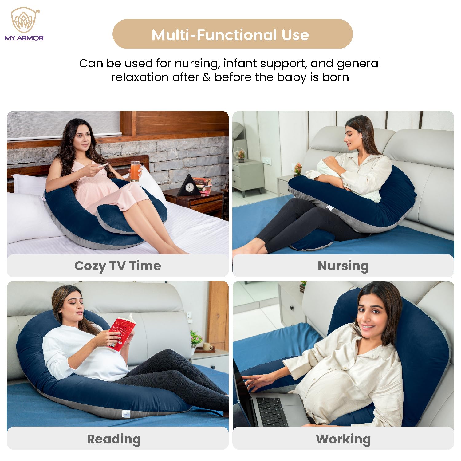 Full Body C Shape Pregnancy Pillow For Women, Maternity Pillow, Grey & Navy Blue | Pillow Gift For Pregnancy Sleeping, Premium Velvet Cover With Zip | Adjustable, Relieves Pain, Multipurpose
