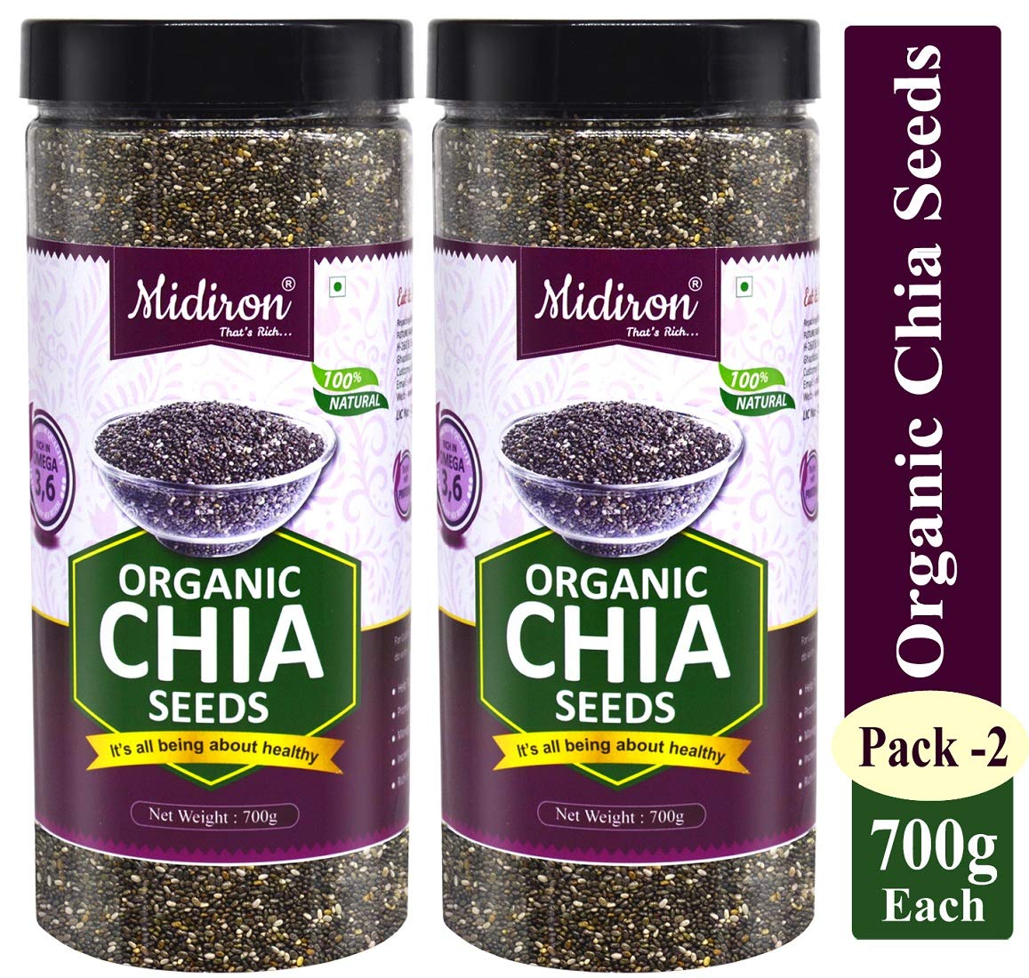 Midiron Raw Chia Seed For Weight Management Chia Whole Seeds For Weight Loss With Omega 3, Protein & Fiber, Natural Chia Seed Edible, Diet Snacks, Immunity Booster | 700gm 1.5lbs Each Pack Of 2