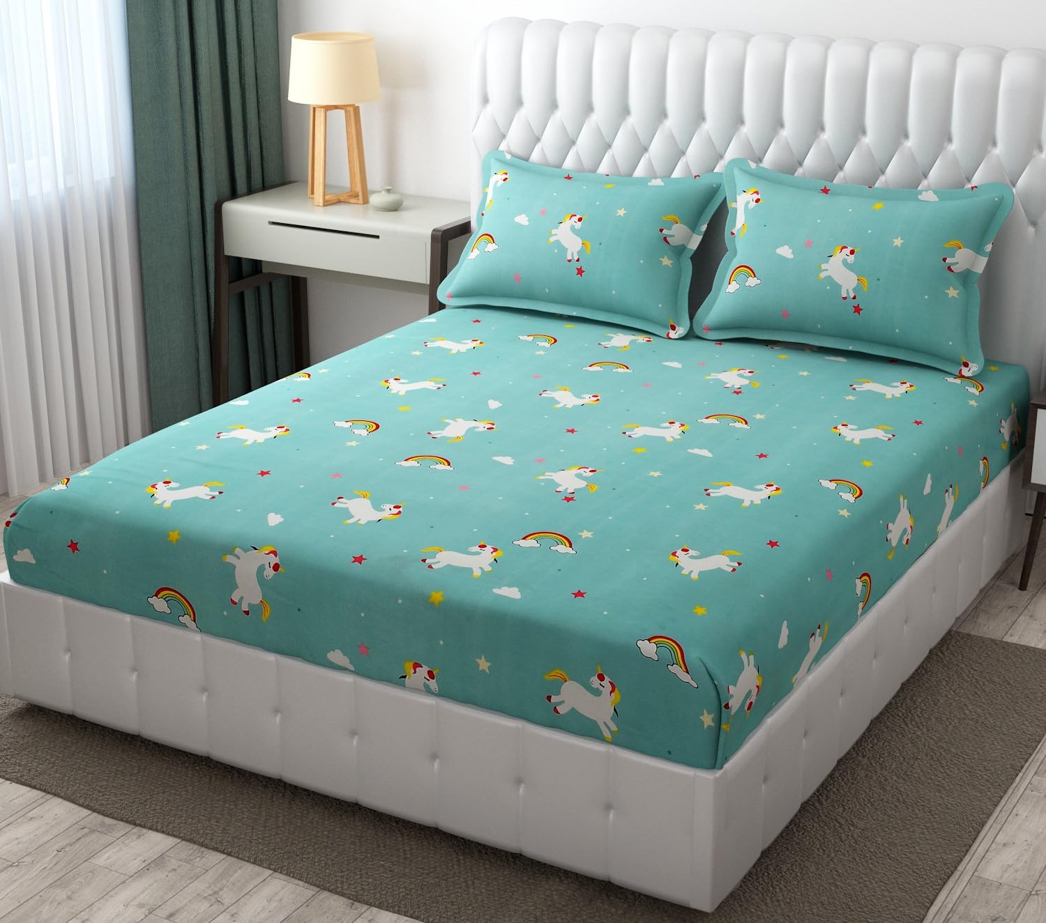 Wrinkle Free Soft Kids Double Bedsheets For King Size With 2 Pillow Cover | 90 X 95 Inches, Sky Blue | Cartoon Printed Design | Child Bedroom Decor