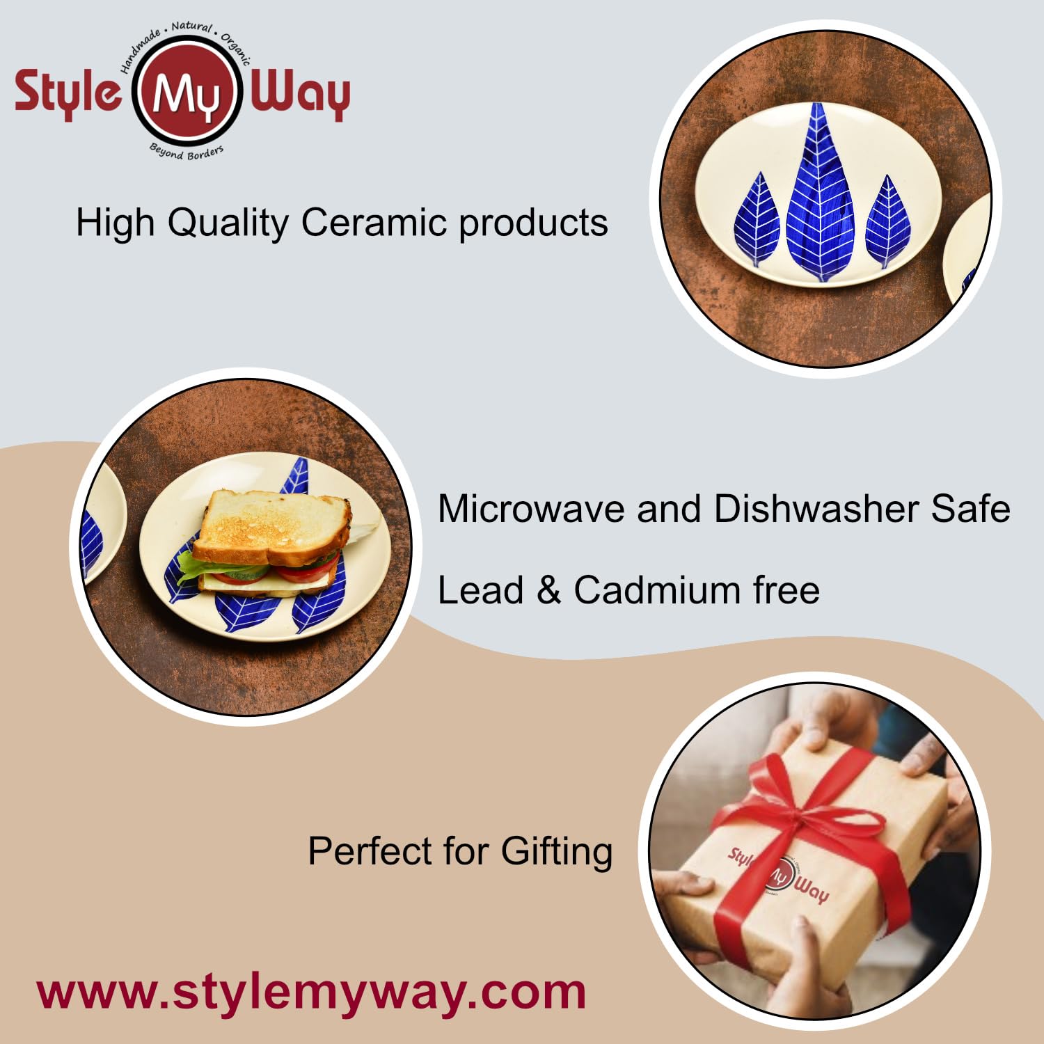 Hand Painted Ceramic Blue Leaf Quarter Plates Set Of 2 - 7 Inches, Blue & White | Dishwasher Safe Small Side Plates - Microwave Safe Snack Plates