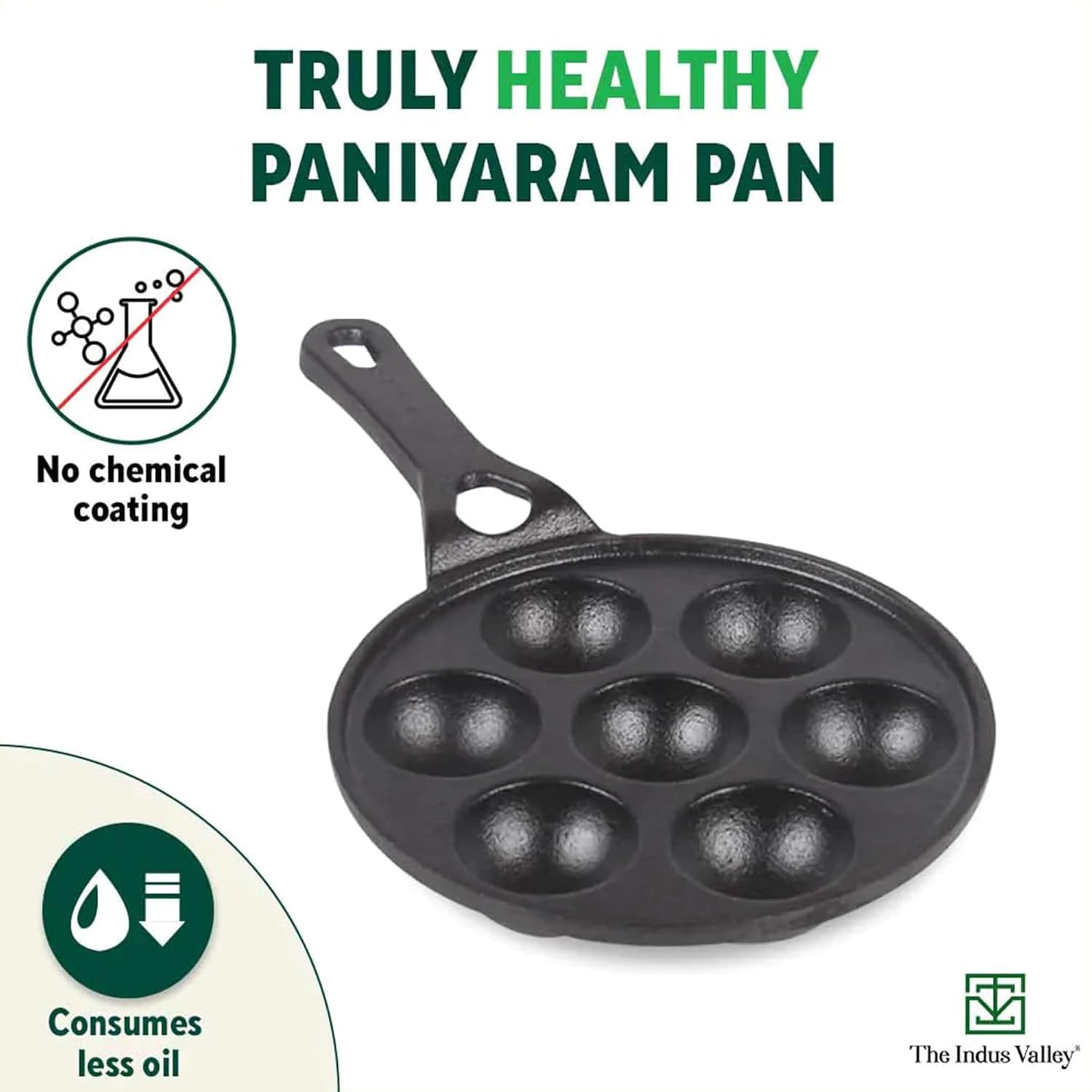 Super Smooth Black Cast Iron Paniyaram Pan With Long Handle & Glass Lid - 7 Pit, 21cm, 8.3 Inch, 1.9 Kg | Gas Compatible, Pre-Seasoned, 100% Toxin-Free, Naturally Nonstick