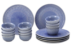 Handcrafted Ceramic Embossed Dinner Set Of 18 Pcs - Mist Blue | 6 Dinner Plates + 12 Small Dinner Bowl, 180ml Each - Microwave & Dishwasher Safe | Crockery Set For Dining & Gifting