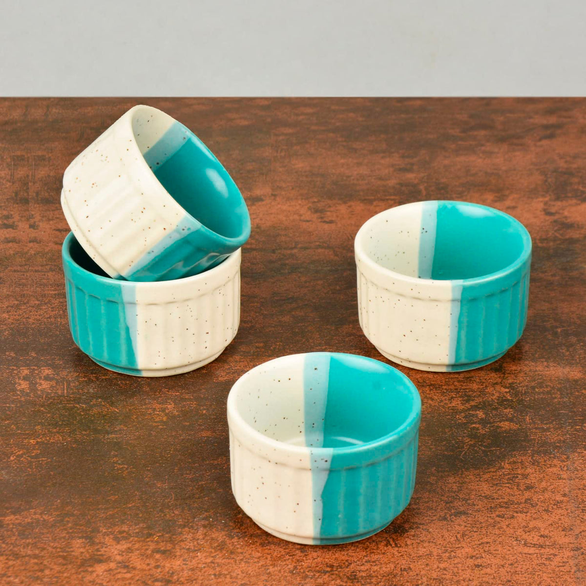 Studio Pottery Ribbed Ceramic Dip Bowls Set Of 4 - Turquoise & Off White, 50ml Each | Chutney Bowls - Ketchup Bowls