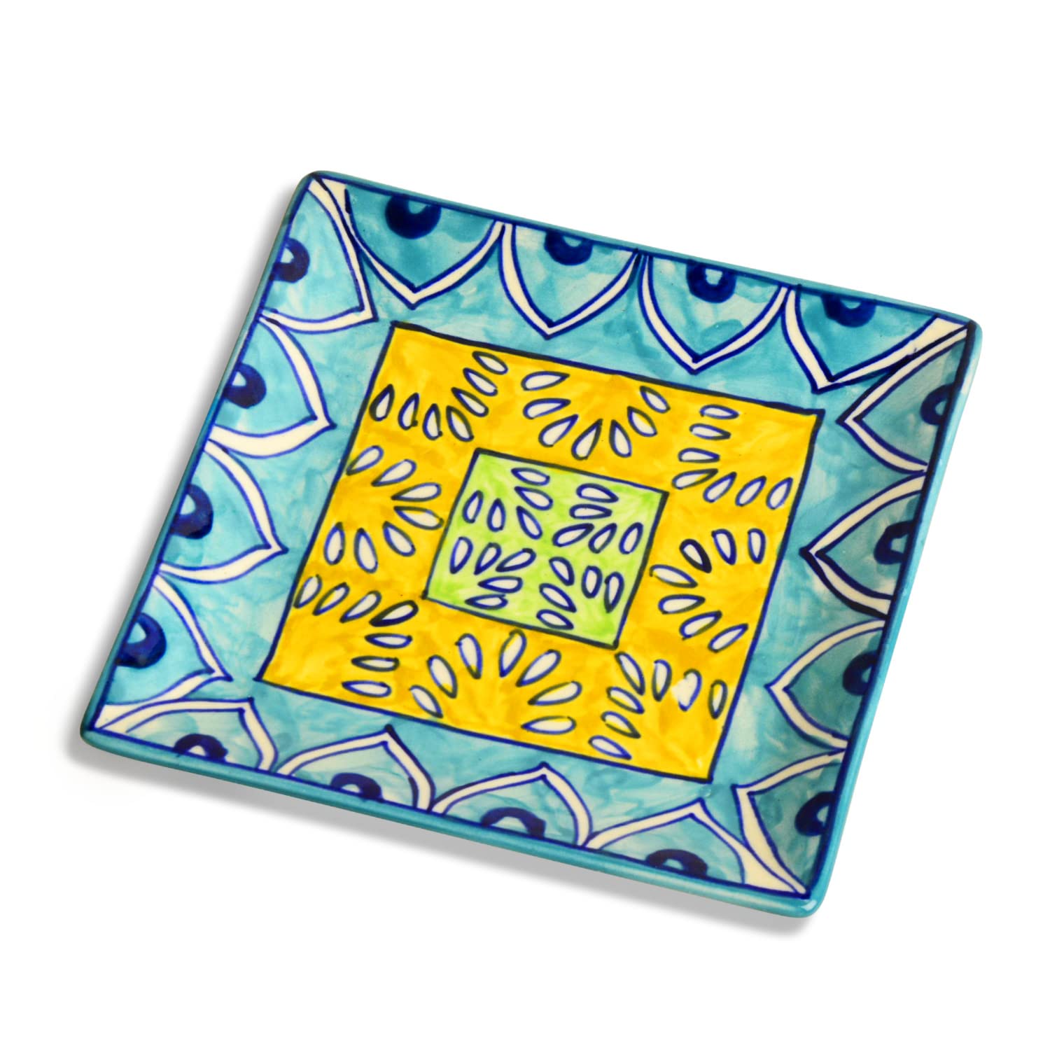 Premium Hand Painted In Traditional Design Ceramic Square Platter - Blue & Yellow, L X B – 18 Cm X 18 Cm | Starter Serving Tray