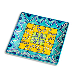 Premium Hand Painted In Traditional Design Ceramic Square Platter - Blue & Yellow, L X B – 18 Cm X 18 Cm | Starter Serving Tray