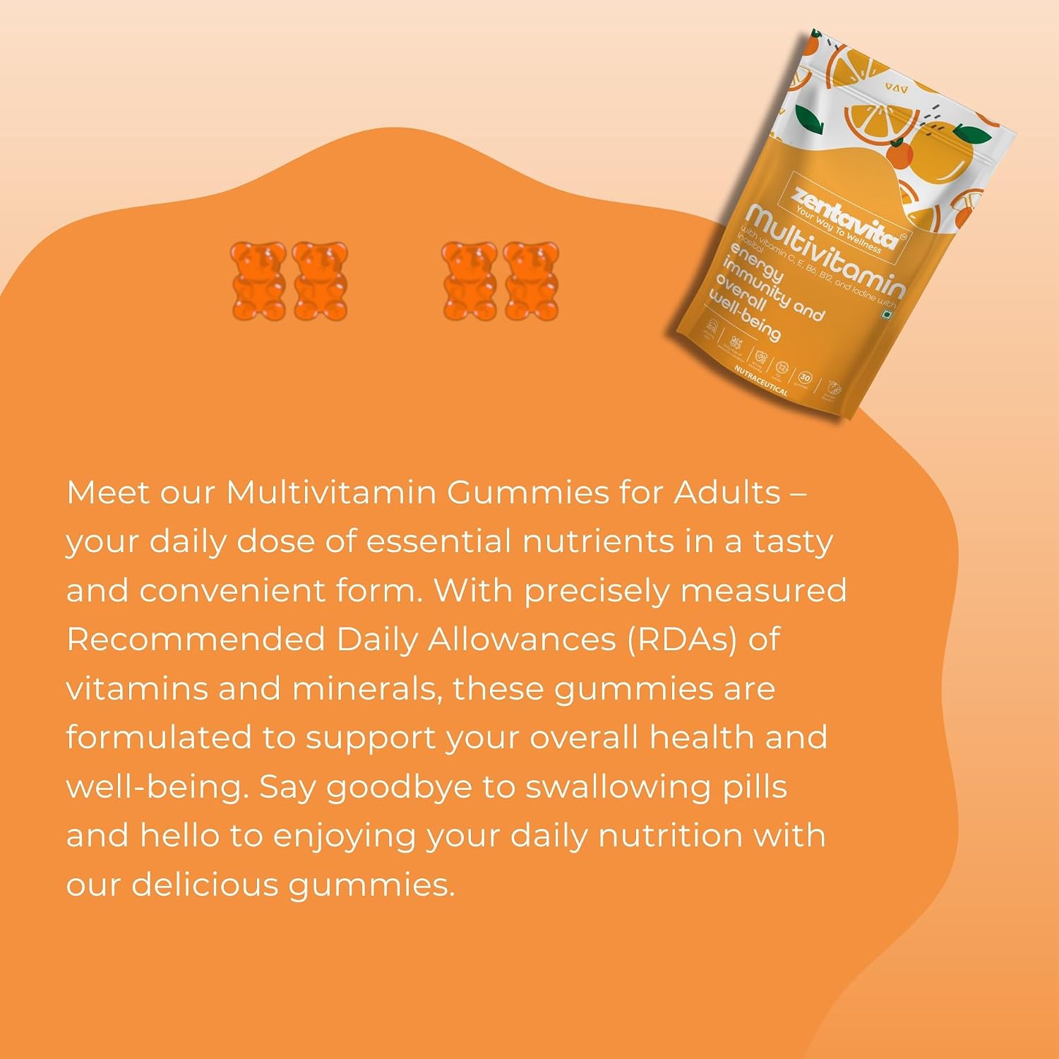 Zentavita Multivitamin Gummies For Adults With Vitamin C, E, B6, B12 & Iodine With Inositol | For Energy, Immunity & Overall Well - Being | 30 Gummies , 150gm 0.3lbs