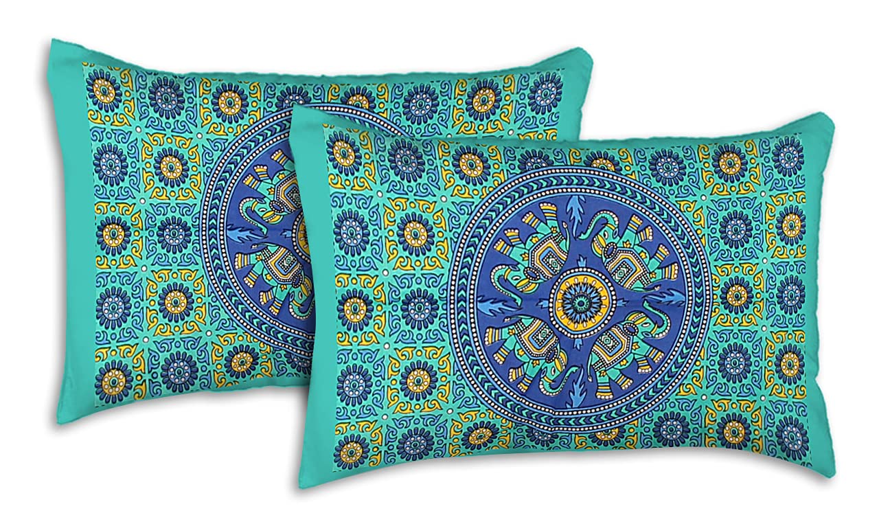 Printed Bedsheet For Double Bed With 2 Pillow Covers - 83 X 94 Inches, Green | Ideal For Hotel, Guest House, Home | Traditional Jaipuri Bedsheets