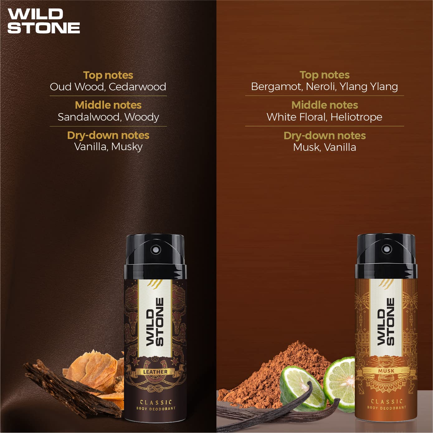 Wild Stone Classic Leather & Musk Body Men Deodorants 450ml 15.2 Fl.oz. | Best Gift For Bestfriend | Pack Of 2