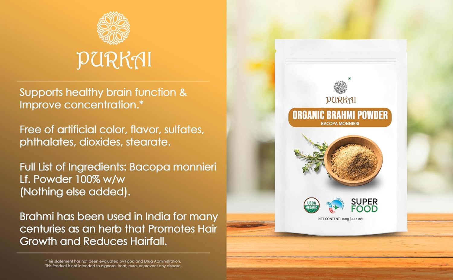 Purkai Brahmi Bacopa Monnieri Powder Jaivik Bharat Certified, Neer Brahmi Podi Non - Gmo, No Added Preservative Or Additives | 200gm 0.4lbs