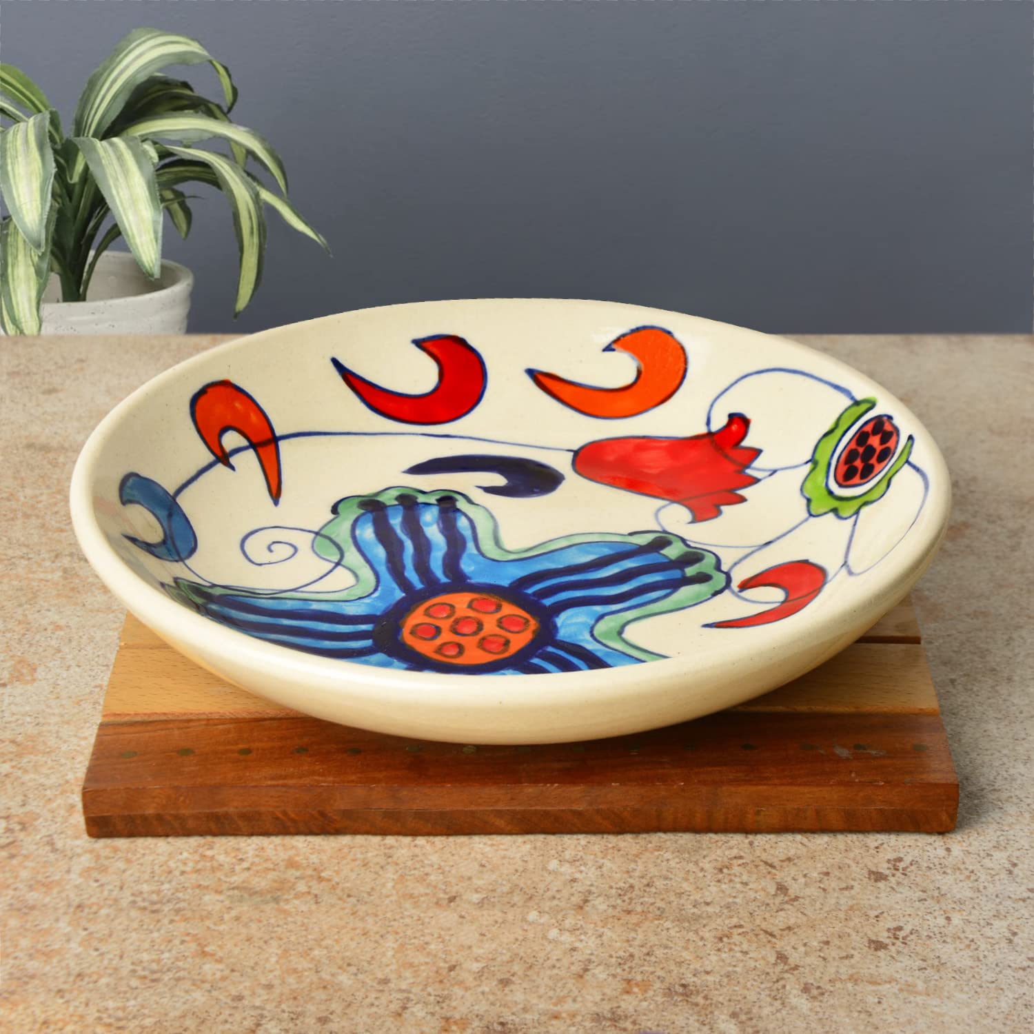 Hand Painted Chic & Sleek Ceramic Shallow Serving Bowl - 8.5 Inches, Multicolor | Salad Bowl, Pasta Serving Bowl - Snack Bowl