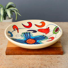 Hand Painted Chic & Sleek Ceramic Shallow Serving Bowl - 8.5 Inches, Multicolor | Salad Bowl, Pasta Serving Bowl - Snack Bowl