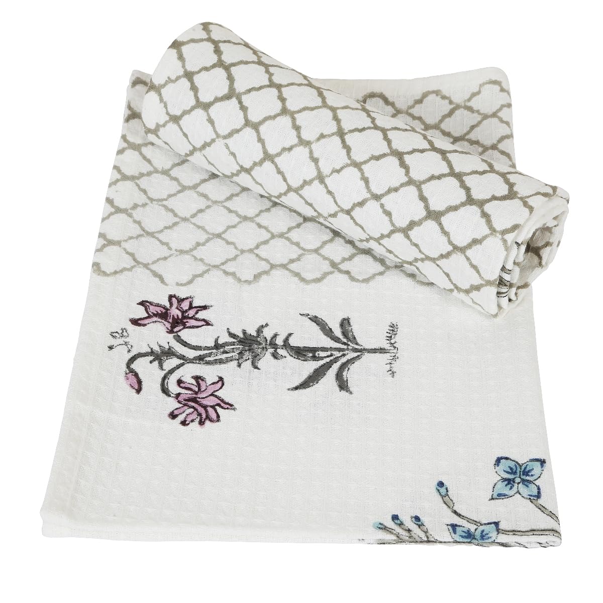 Urbano Homz 100% Cotton Large Size 2 Piece Waffle Weave Hand Towel 200 Gsm | Set In Beautiful Paisley Design (Teal & Pink Flowers)