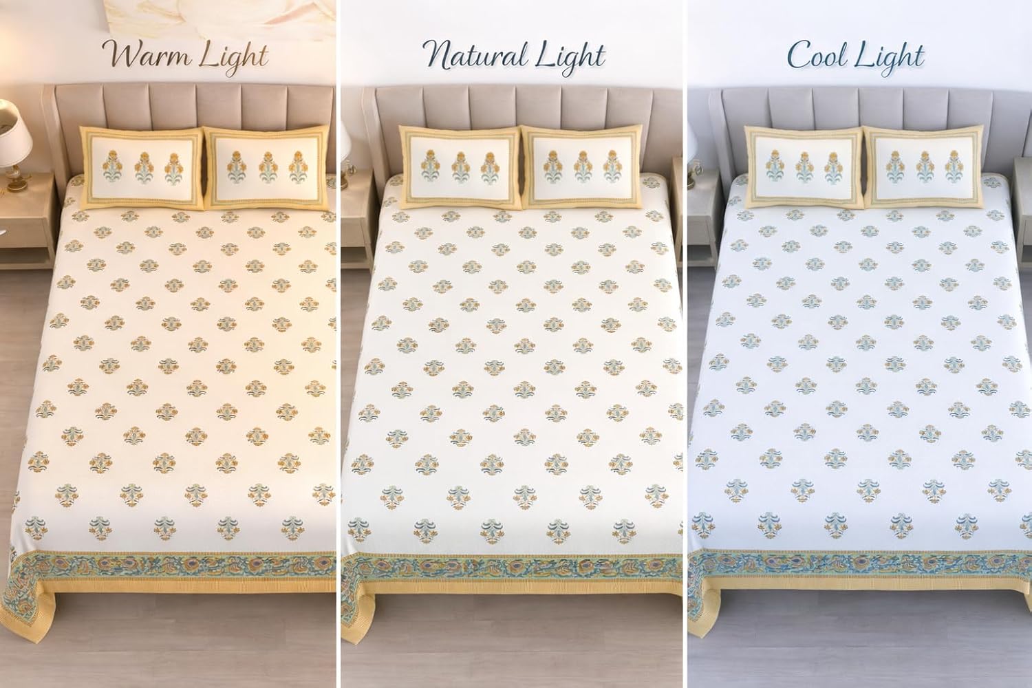 Hand Printed Cotton Bedsheet For King Size With 2 Pillow Covers | 93 X 108 Inches, White & Yellow | Ultra-Soft & Skin-Safe | Breathable Summer Comfort