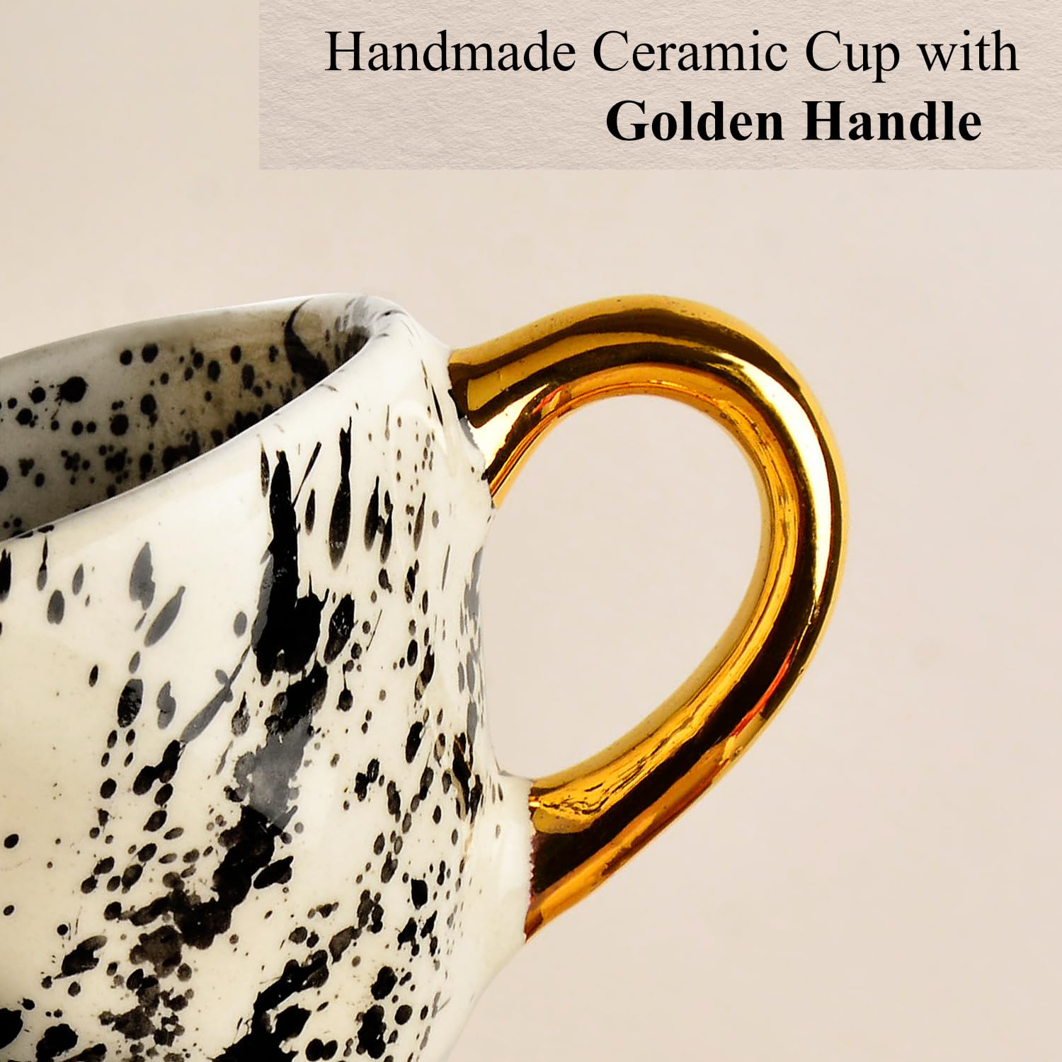 Premium Handmade Dalmation Ceramic Coffee Mugs With Golden Handle Set Of 2 - 200ml Each, White & Black | Tea Cups & Mugs - Chai Cups