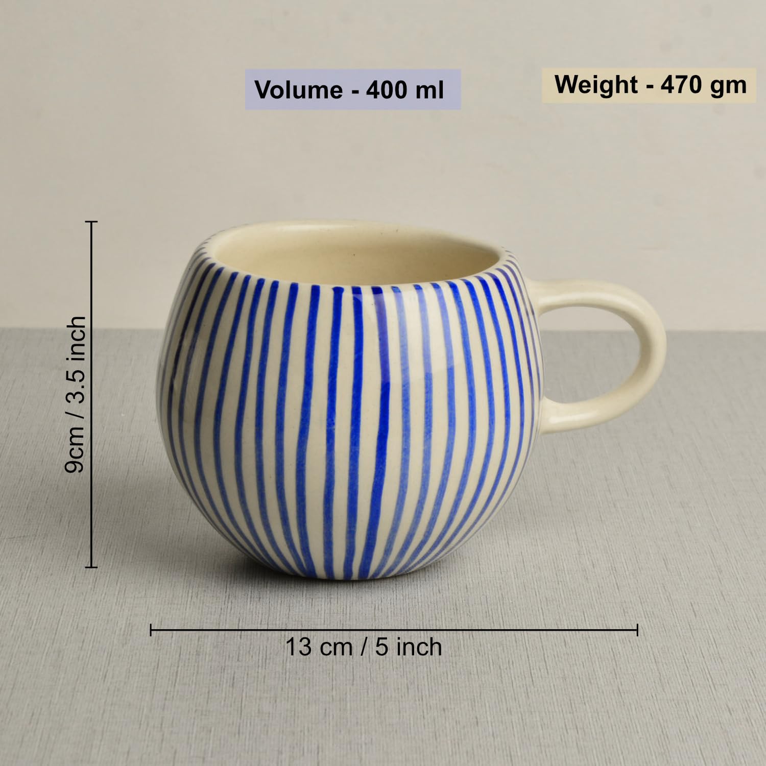 Handmade Ceramic Jumbo Coffee Mugs Set Of 2 - 400ml, Blue | Milk Mugs - Large Big Size Microwave Safe Tea Cups