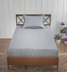 1 Bedsheet Single Satin Stripe Elastic Fitted With 1 Pillow Cover (36 X 78 Inches) Grey | Lightweight, Soft & Breathable - Perfect For Gifting On Weddings Bedsheet