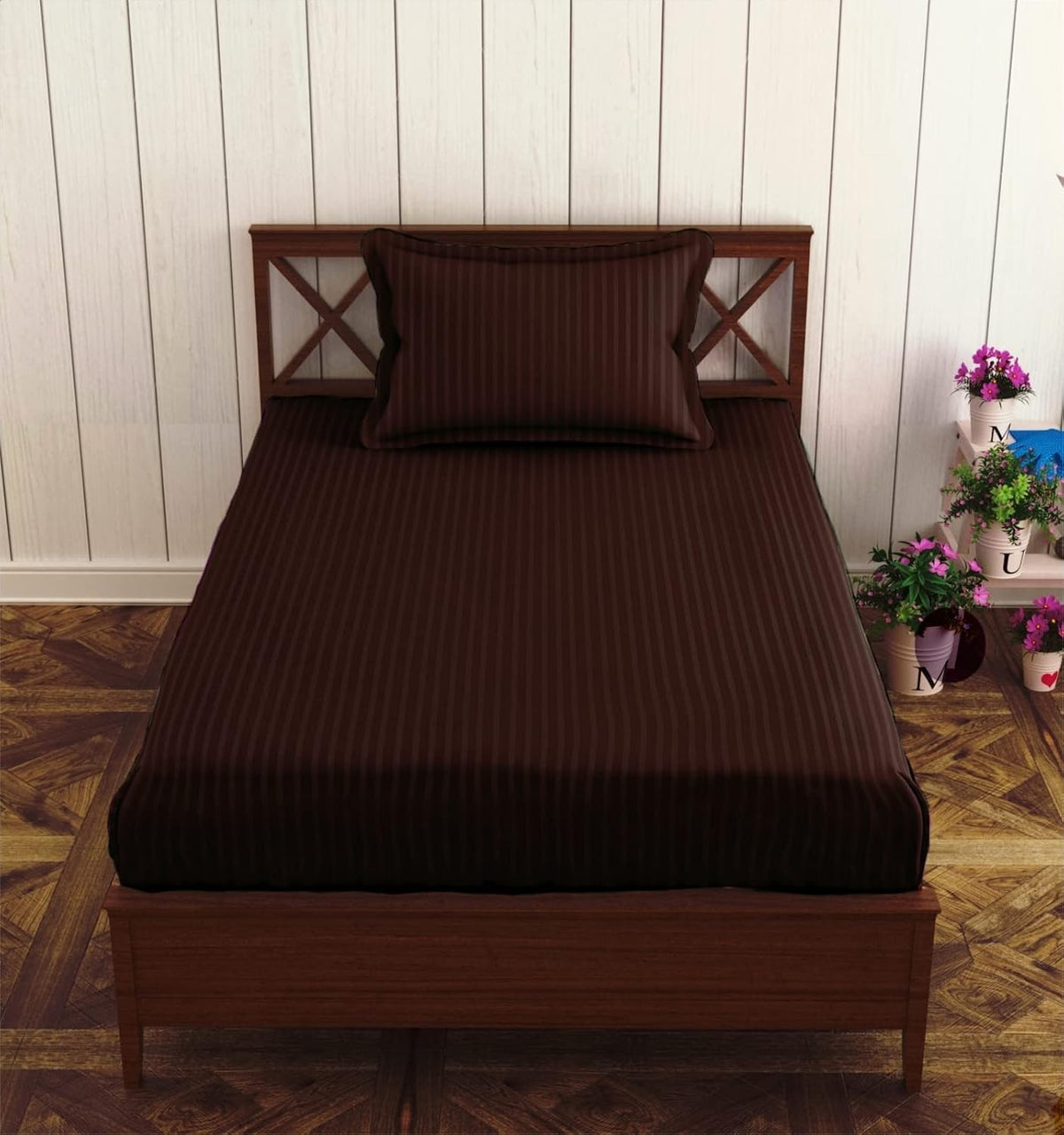 Elastic Fitted Cotton Single Bedsheet With One Matching Pillow Covers - 36 X 75 Inches, ?Chocolate Brown | Soft Touch, Comfortable & Breathable