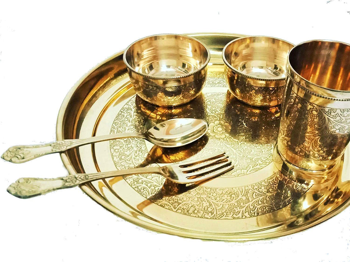 Golden Pure Brass Engraved Thali Set Of 6 Pieces - 1 Plate+ 1 Glass+ 2 Bowl+ 1 Spoon+ 1 Fork | Flowers Design Dinner Set