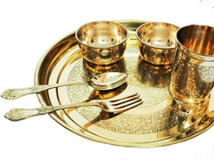 Golden Pure Brass Engraved Thali Set Of 6 Pieces - 1 Plate+ 1 Glass+ 2 Bowl+ 1 Spoon+ 1 Fork | Flowers Design Dinner Set