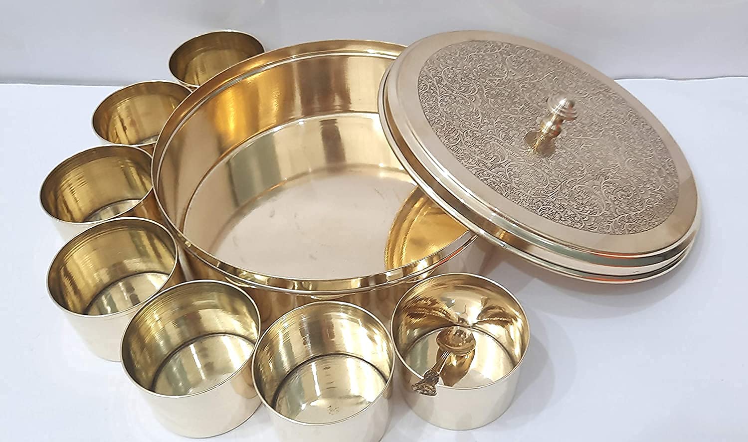 Brass Masala Box Dabba Elegant Gold Spice Container With Embossed Lid 7 Compartments With 1 Spoon | Masala Dani - Spice Container Box - Spice Box