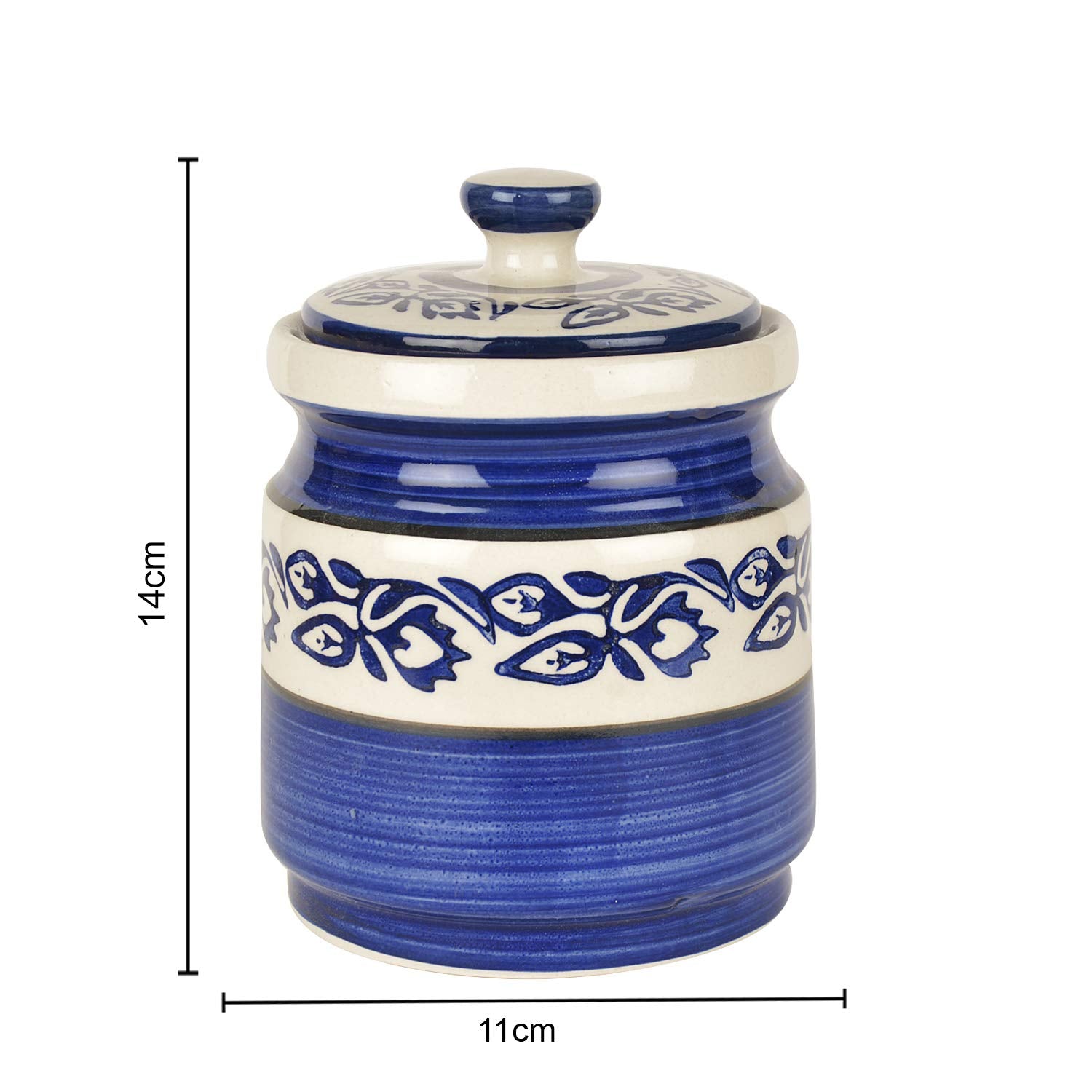 Hand Painted Ceramic Round Jar (Burni) With Lid - 1200ml, Blue | Ceramic Multi-Utility Storage Jar - Pickle Storage Jar