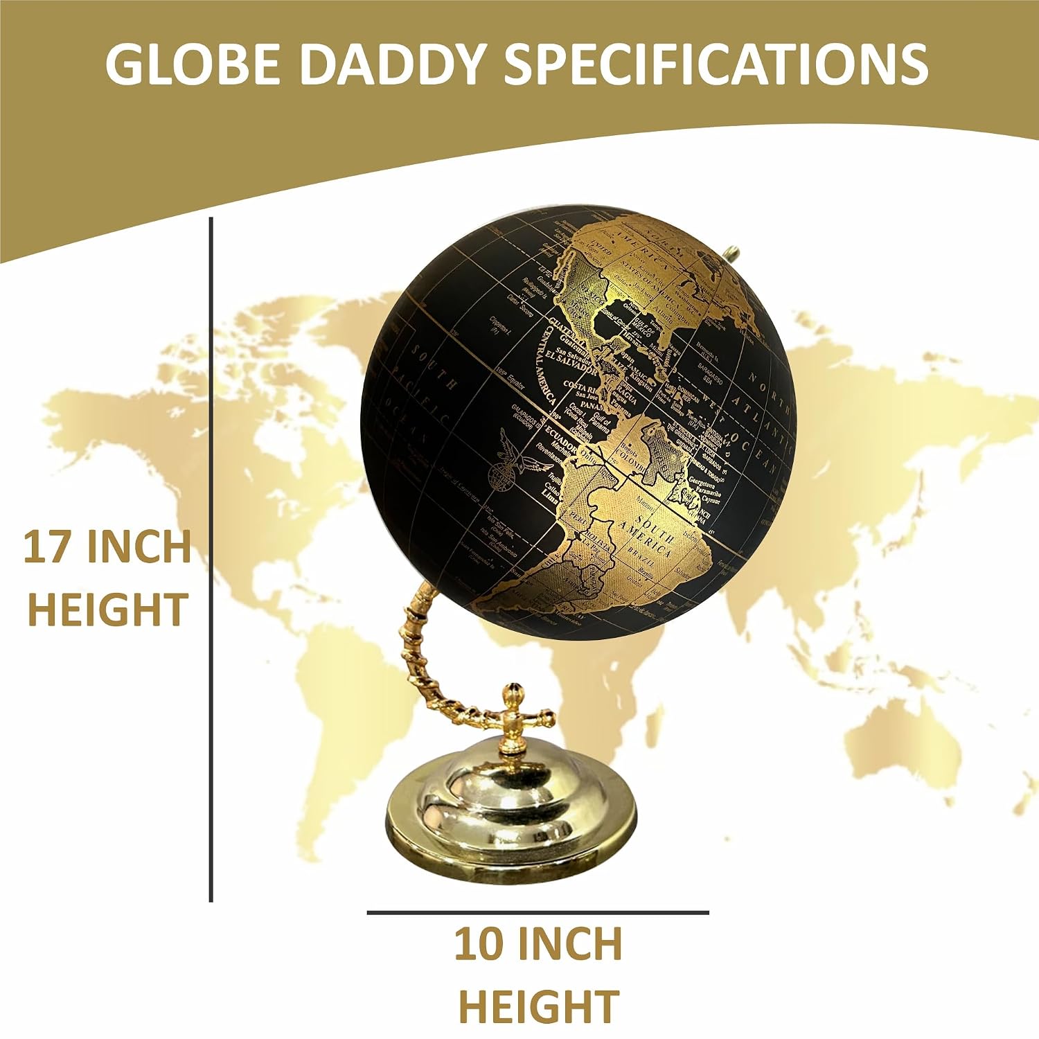 Big 10 Inch World Map Globe With Stylish Stand For Home, Living, Bedroom & Hall Decor, Office Table, Kids Room, Educational Tool, Showpiece - Gold Black, Pack Of 1