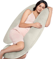 Full Body J Shape Pregnancy Pillow For Women, Maternity Pillow, Cream Color | Pillow Gift For Pregnancy Sleeping, Premium Velvet Cover With Zip | Adjustable & Washable Pillow