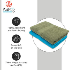 PatPug 100% Indian Ultra Soft Cotton Towel 380 Gsm | Highly Absorbent, Fade Resistant Large Bath Towel (Olive Green & Teal) - Pack Of 2