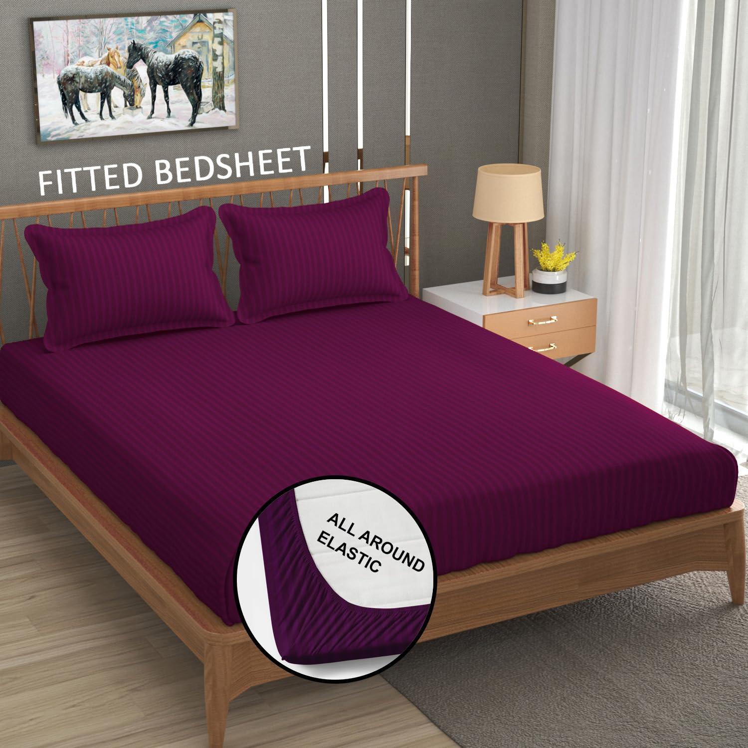 Cotton Elastic Fitted King Size Double Bed Bedsheet With 2 Pillow Covers - 72x78x6 Inches, Dark Pink | Durable Bedsheets For Everyday Comfort