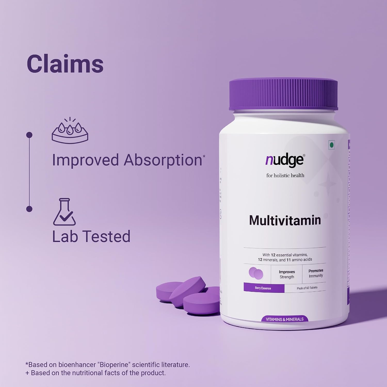 Nudge Multivitamin Vitamins, Minerals, & Amino Acids Enriched Tablets|enhances Strength & Promotes Immunity For Men & Women | Berry Flavour 60 Tablets , 100gm 0.2lbs