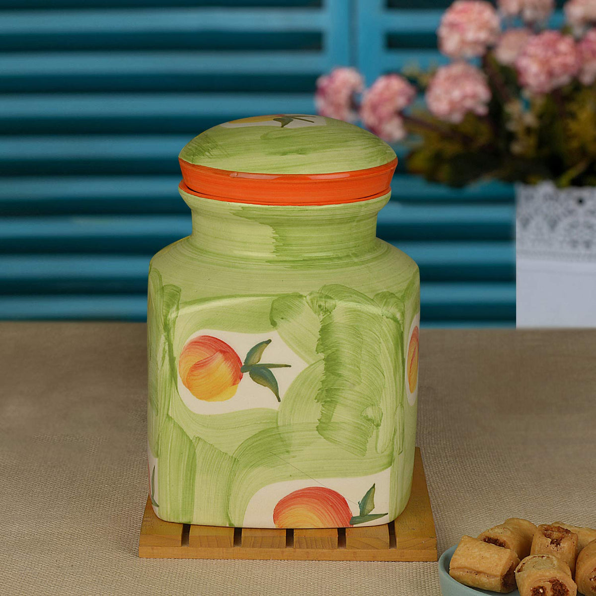 Hand Painted Ceramic Square Jar (Burni) With Lid 2000ml, Green & Orange | Ceramic Multi-Utility Storage Jar - Pickle Storage Jar