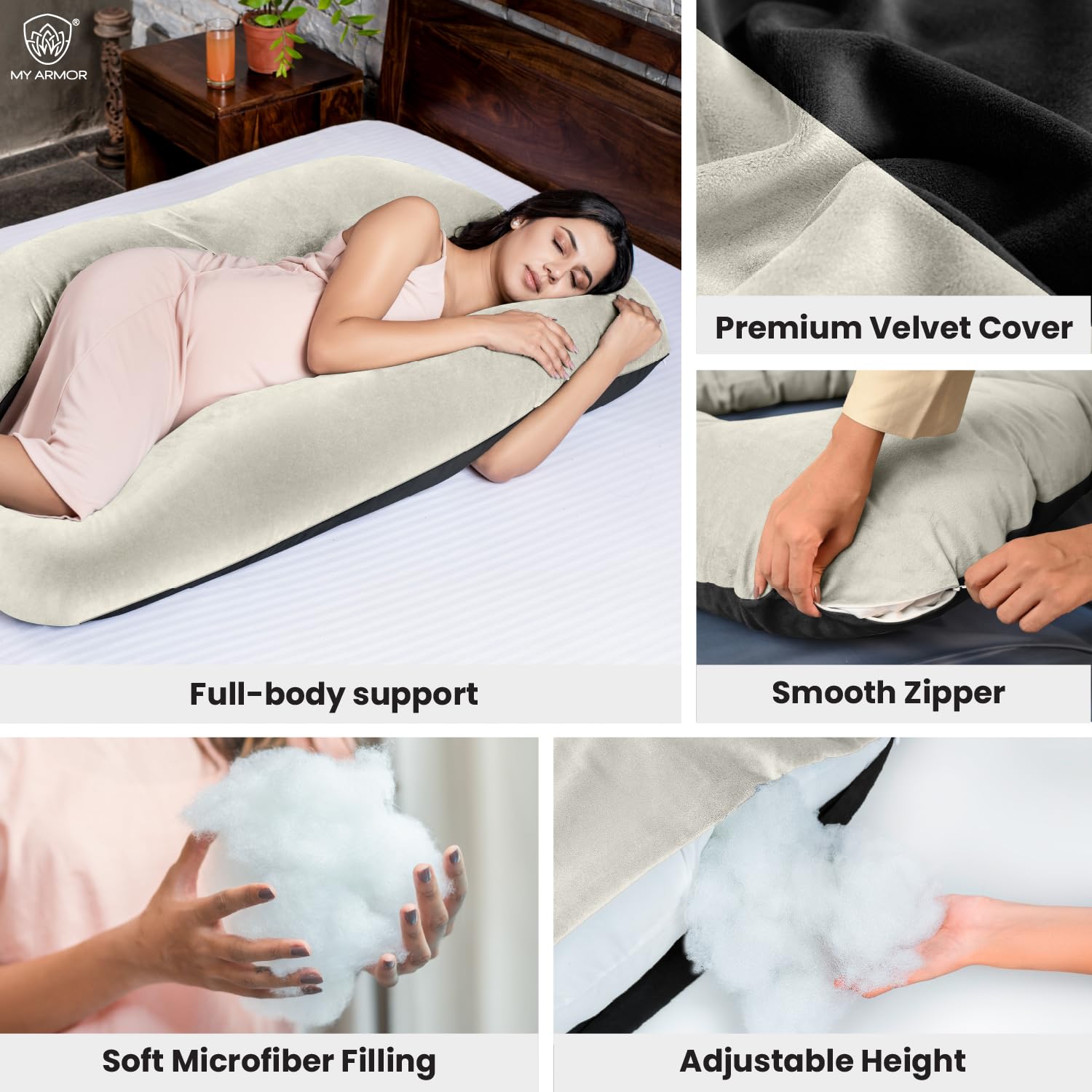 Full Body U Shape Pregnancy Pillow For Women, Maternity Pillow, Black & Cream | Pillow Gift For Pregnancy Sleeping, Premium Velvet Cover With Zip | Adjustable & Washable, Relieves Pain