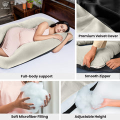 Full Body U Shape Pregnancy Pillow For Women, Maternity Pillow, Black & Cream | Pillow Gift For Pregnancy Sleeping, Premium Velvet Cover With Zip | Adjustable & Washable, Relieves Pain