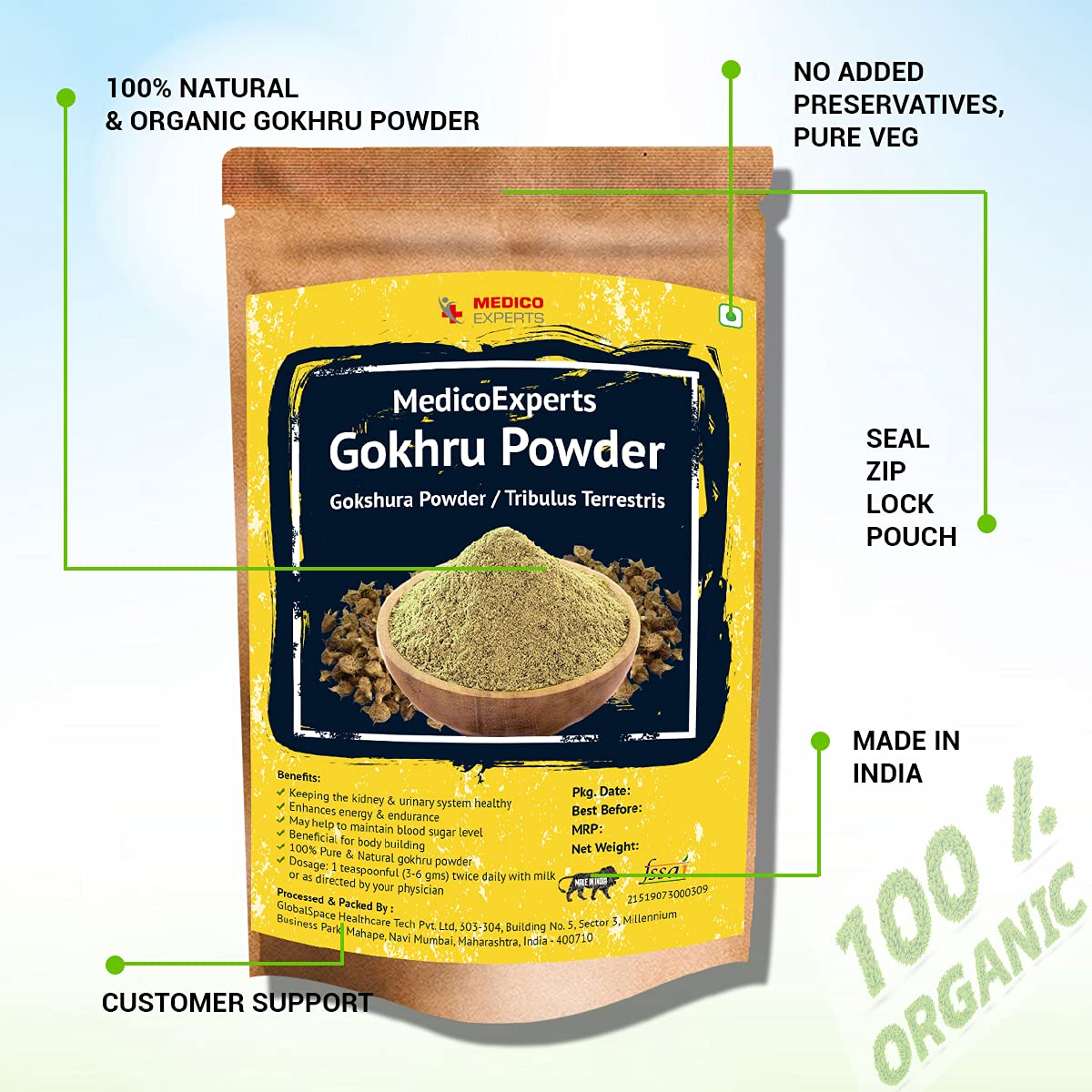 Medicoexperts Organic Gokhru Powder Gokshura For Energy Tribulus Terrestris Powder, For Wellness & Energy | 100gm 0.2lbs