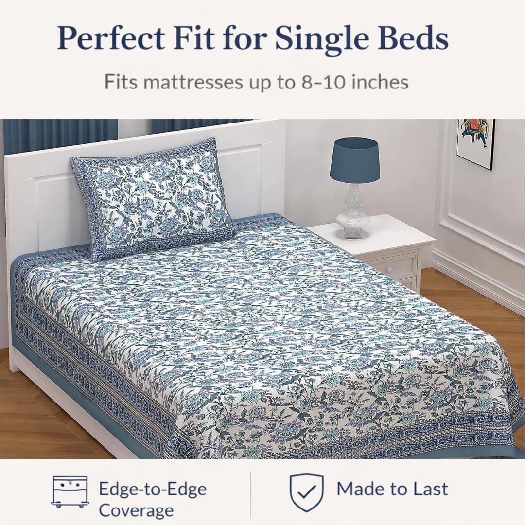Soft Cotton Single Size Bedsheet With 1 Pillow Cover - 60 X 90 Inches, Cream & Purple | Durable For Everyday Use - All Season Comfort