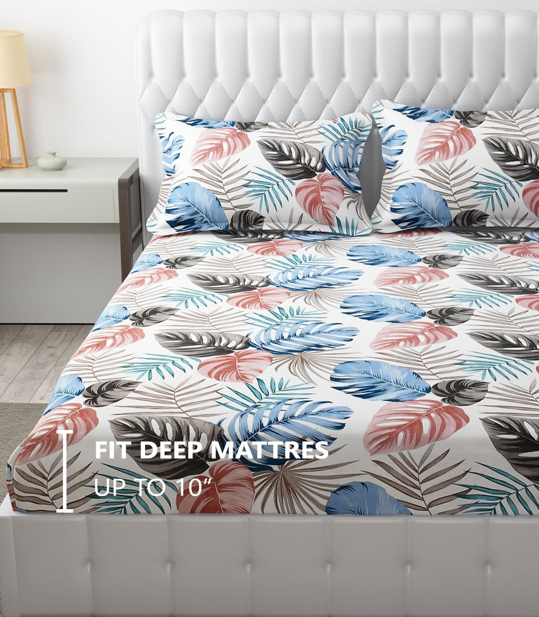 King Size Bedsheet With Two Pillow Cover (Size - 78 X 72 Inches, White & Grey) | Elastic Fitted Floral Bedsheet | Best For Festival Gifting