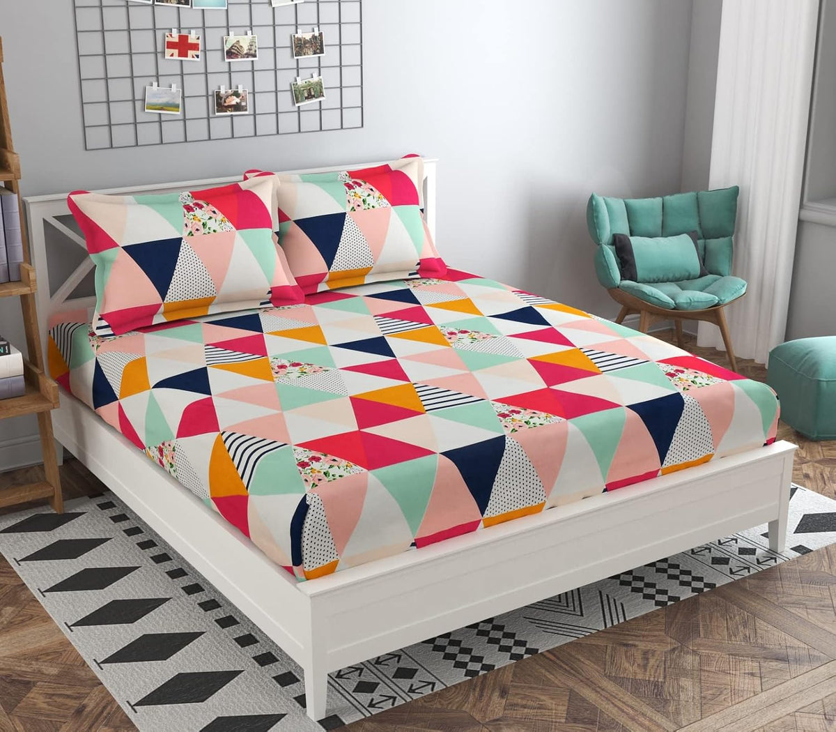Double Bedsheet Queen Size Elastic Fitted With 2 Pillow Cover - 60 X 78 + 8 Inches, Multicolor | Resistance & Wrinkle Recovery