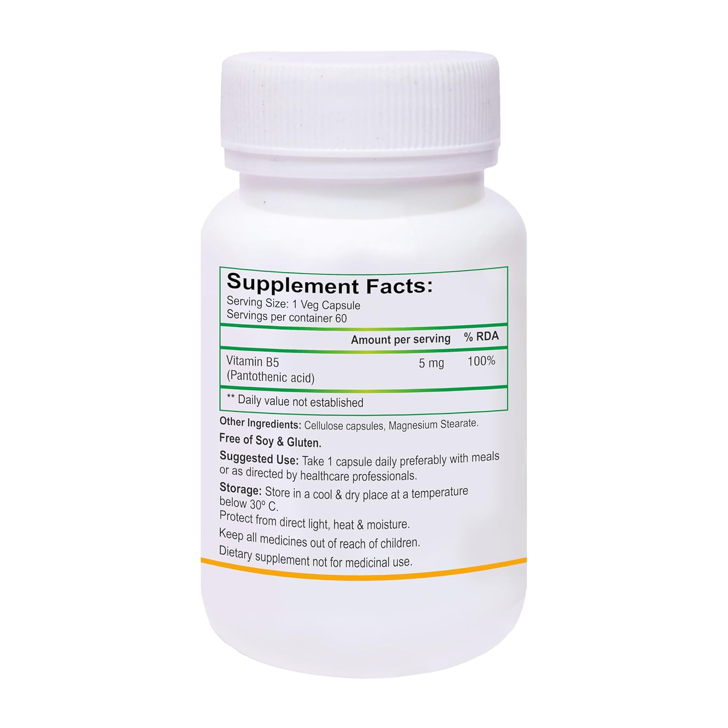 Biotrex Nutraceuticals Vitamin B5 (Pantothenic Acid) Supplement, 100% Rda Approved, For Energy & Metabolism | 60 Veg Capsules , 100gm 0.2lbs