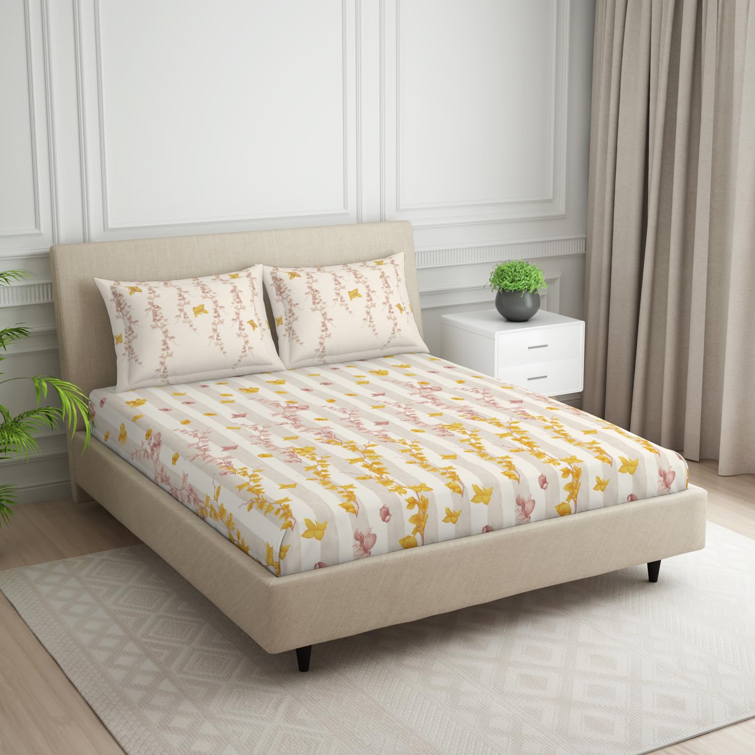 Double Bedsheet With 2 Pillow Covers (Size 88 X 100 Inch) Cream & White | Breathable Pure Cotton Queen Size Bedsheet | Floral Design Bedsheet