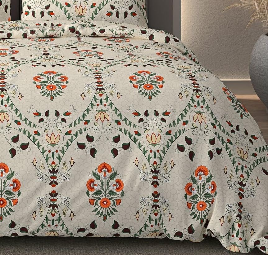 Soft Cotton Printed 1 Single Bedsheet With 1 Large Size Pillow Covers - 60 X 90 Inches, Beige | 240 Thread Count - Light Weight, Suitable For All Seasons & Easy To Wash