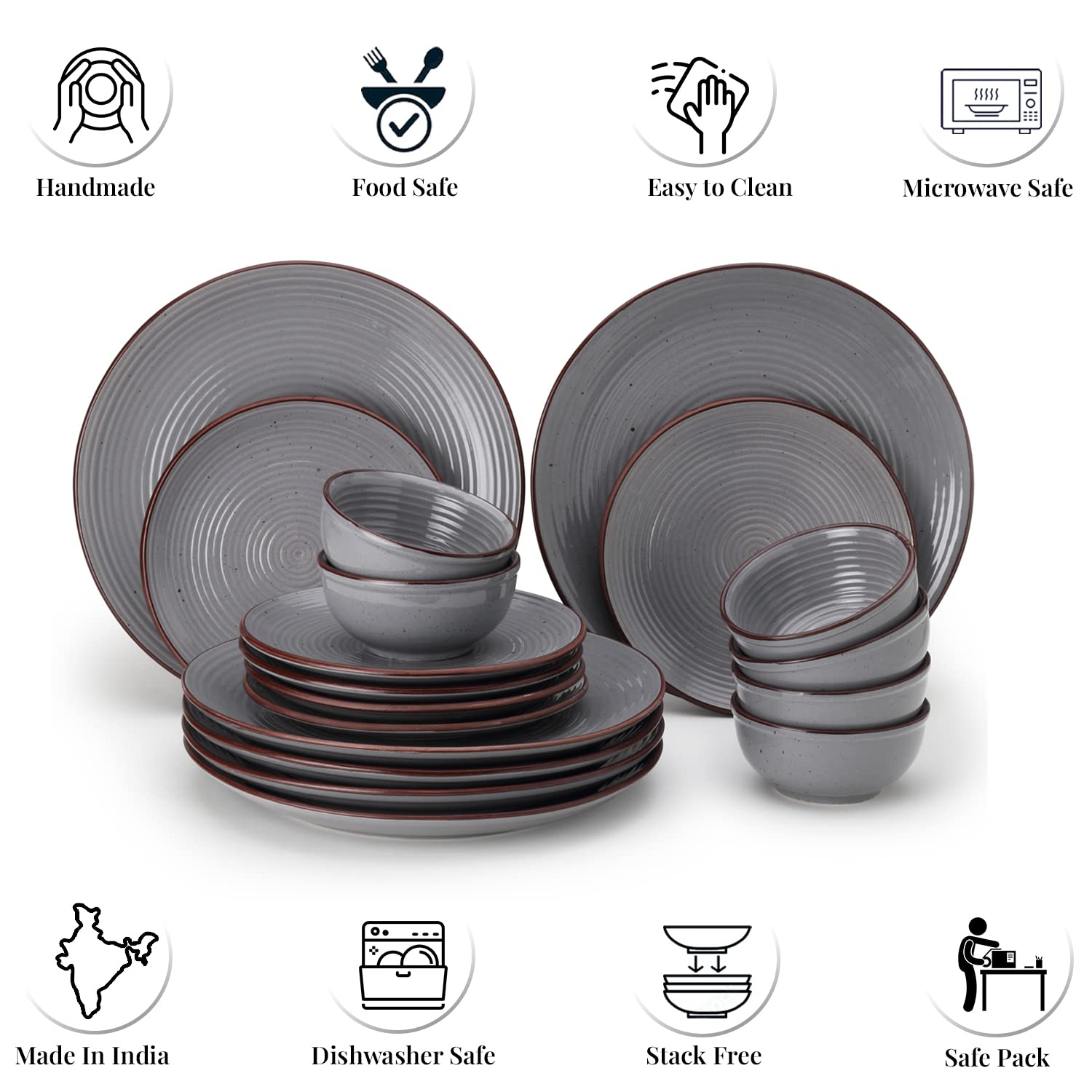 Hand Painted Ceramic Solid Dinner Set Of 18 - Grey | 6 Dinner Plates, 10 Inch Each+ 6 Small Plates, 7 Inch Each + 6 Small Dinner Bowls, 180ml Each - Microwave & Dishwasher Safe