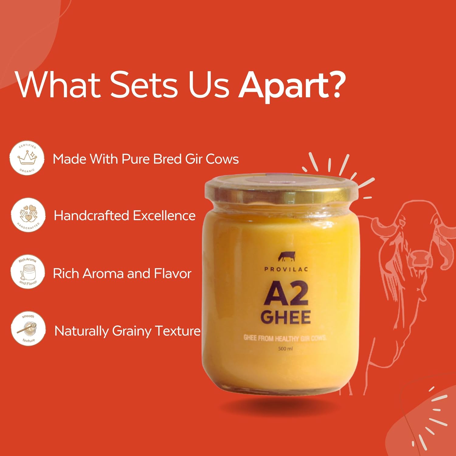 Natural Premium A2 Desi Cow Ghee By Provilac | Good Source Of Vitamin A, Delicious & Nutritious Healthy Desi Ghee | (500ml) 16.9 Ounce | Jar Pack