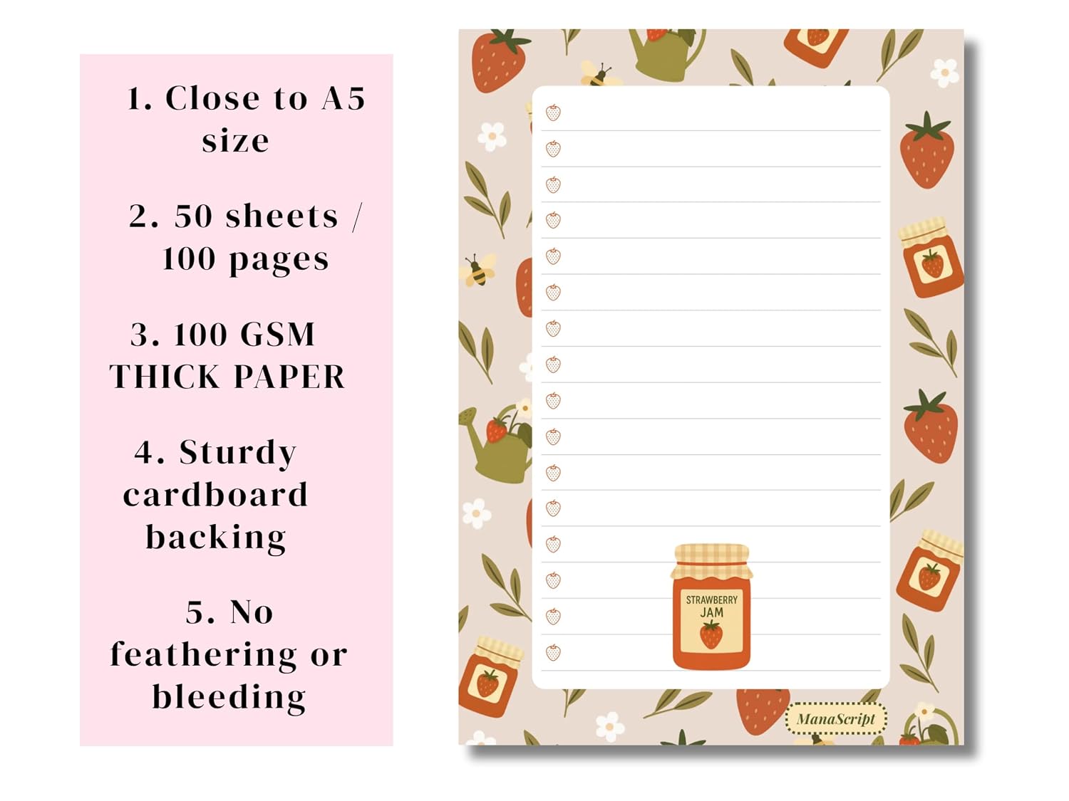 A5 Notes/To Do List Notepad, Beautiful Checklist Pad, Tear-Off Sheets (Strawberry Jam) Pack Of 1
