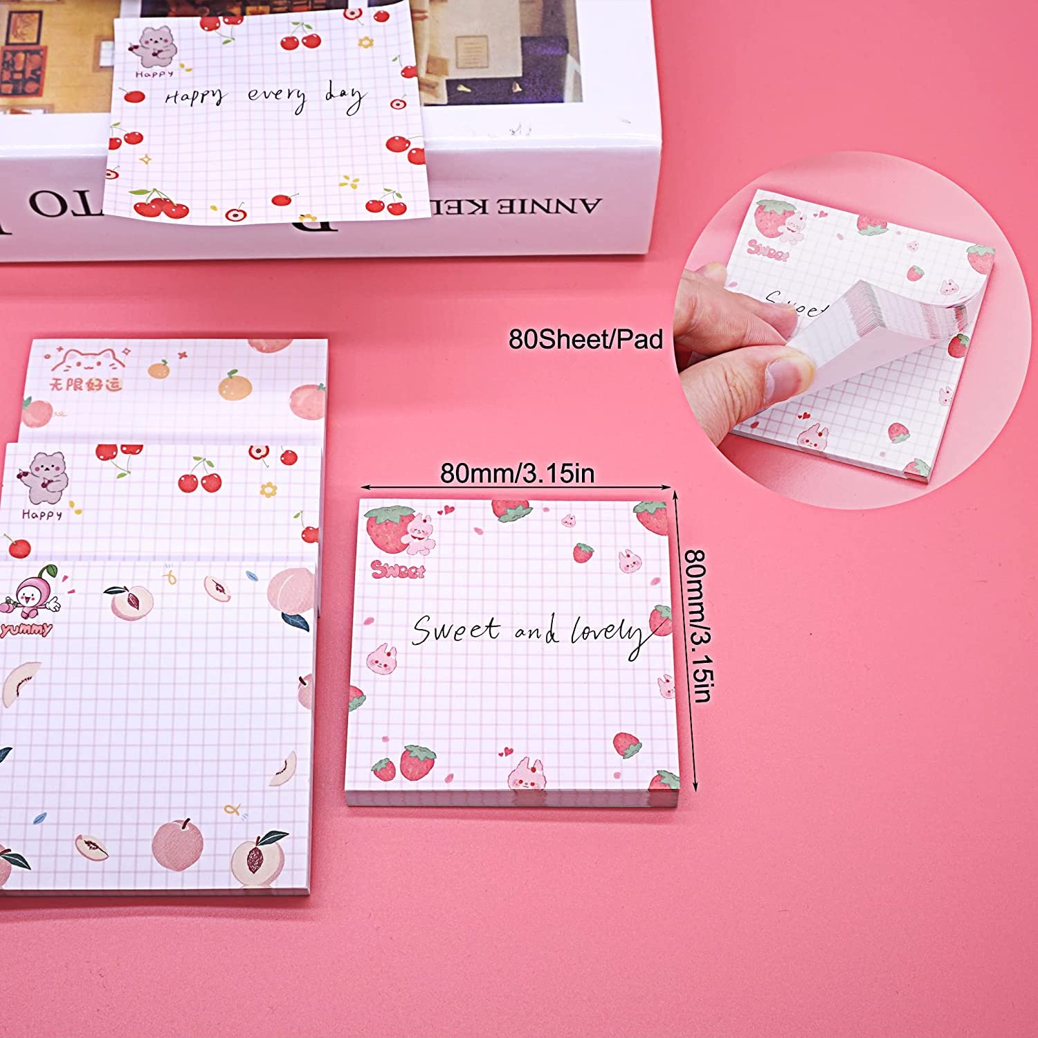 Sticky Notes 4 Pads X 80 Sheets Pad Self Stick Note Pads & 4 Unique Cute Patterns, Fruits Design