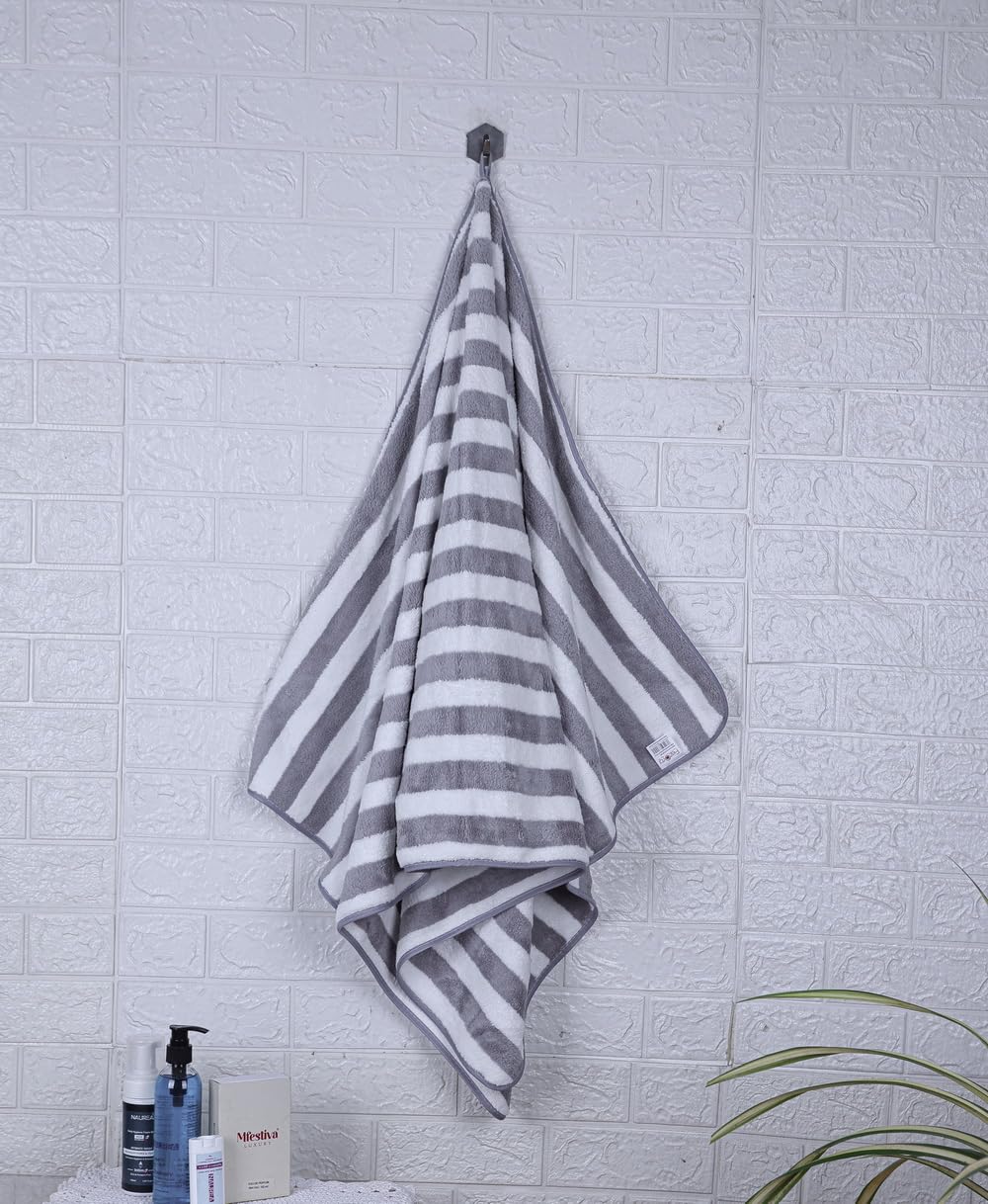 Fezora Microfiber Bath Towels Strip 290 Gsm | Extra Soft Plush & Quick Dry High Absorbency Large Size Towels For Bathing (Grey & White)